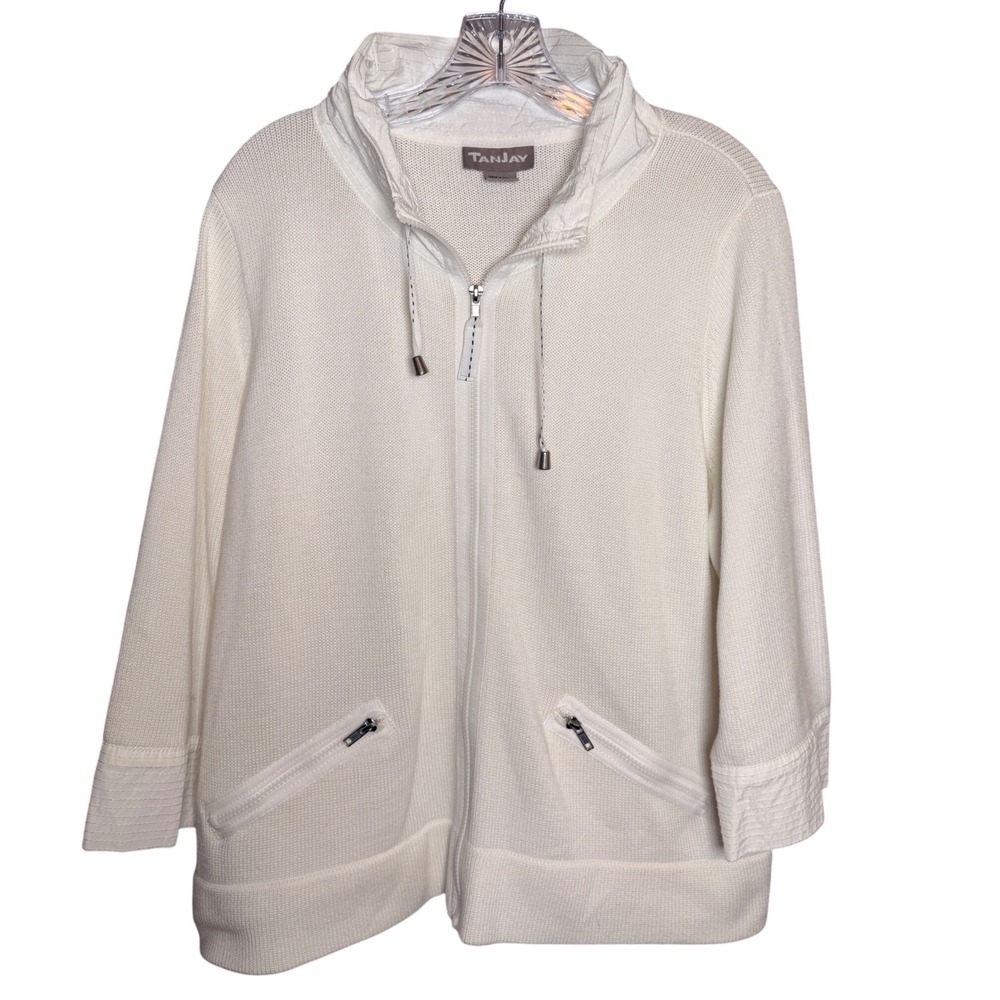 TanJay Zip Up Sweater Women 1X White Cotton‎ Blend Sporty Textured Cardigan